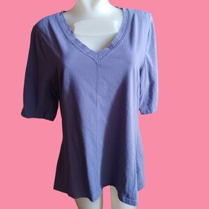 Medium D&Co Denim & Company Purple V-Neck Short Sleeve Womens Top